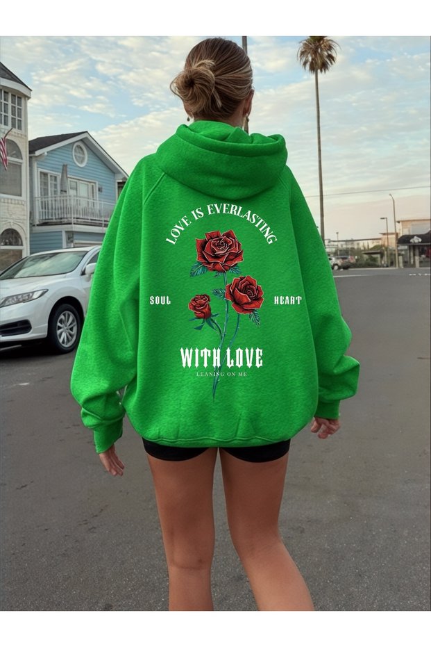 Unisex Love Gül Rose Colorful Custom Printed Cotton Oversize Hooded Sweatshirt