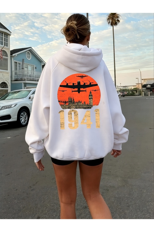 Unisex 1941 Airplane Colorful Custom Printed Cotton Oversize Hooded Sweatshirt
