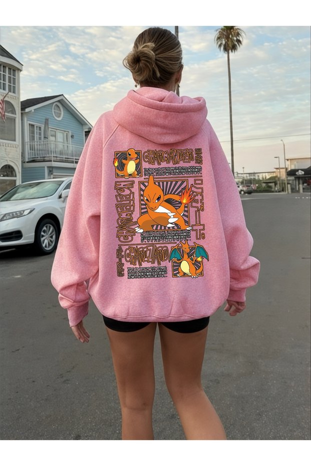 Unisex Charmander Colorful Custom Printed Cotton Oversize Hooded Sweatshirt