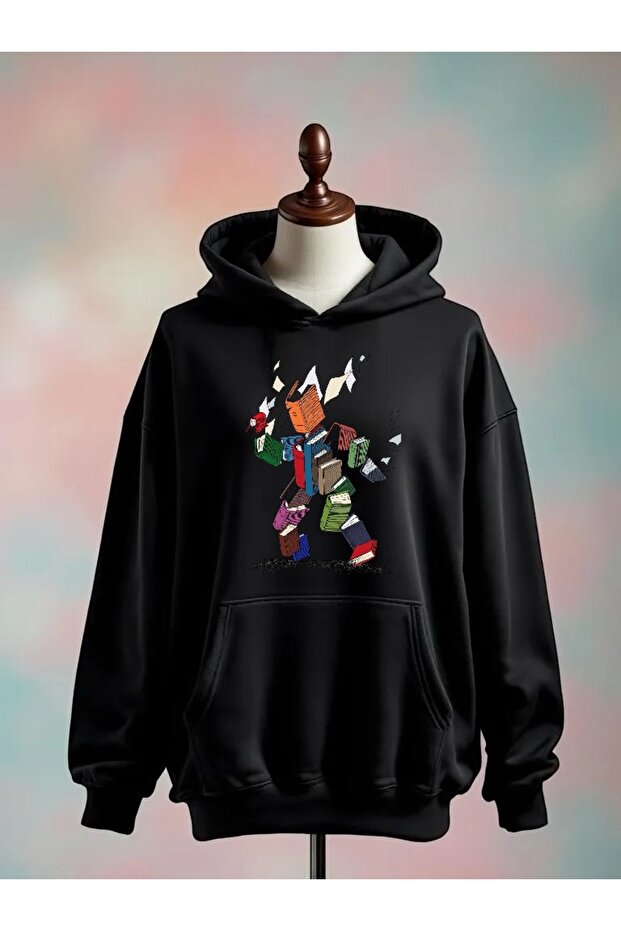 Printed Cotton 3 Thread Oversize Black Sweatshirt