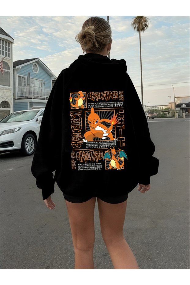 Unisex Charmander Colorful Custom Printed Cotton Oversize Hooded Sweatshirt