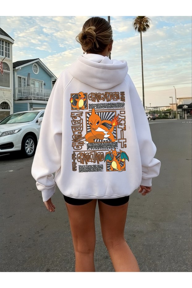 Unisex Charmander Colorful Custom Printed Cotton Oversize Hooded Sweatshirt