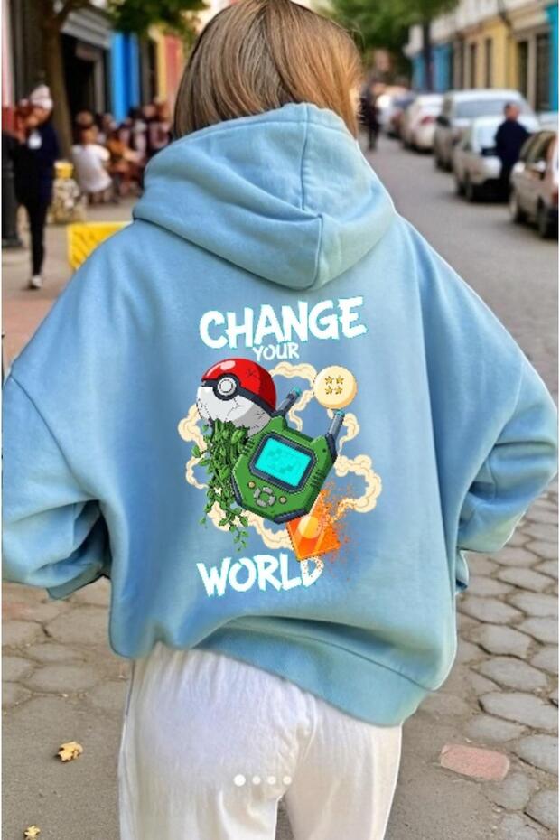 Unisex Change Your World Colorful Custom Printed Cotton Oversize Hooded Sweatshirt