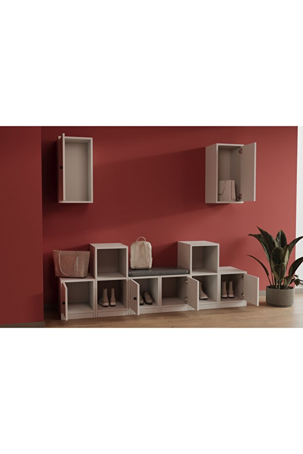 6 Kapaklı Puflu Ayakkabılık Konsol 2 Adet Duvar Dolaplı Modüler Giriş Holü Seti MST-AYK-1020 - 3