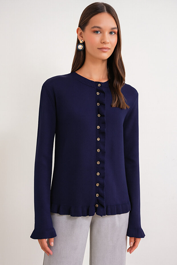 6964 Women's Plain Ruffled Buttoned Cardigan Navy Blue
