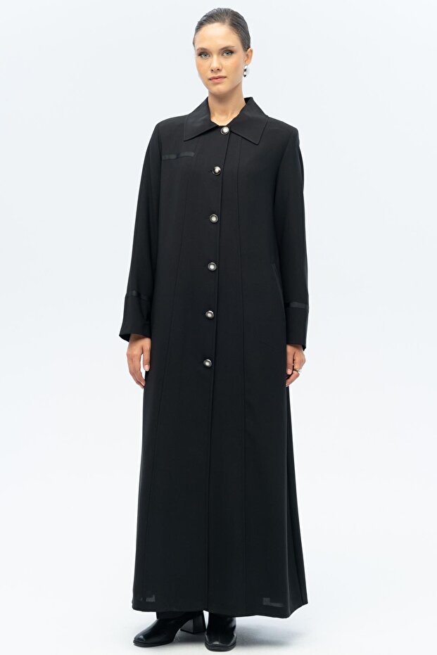 Shirt Collar Grosgrain Detailed Lined Plus Size Top Coat Black 6690-A