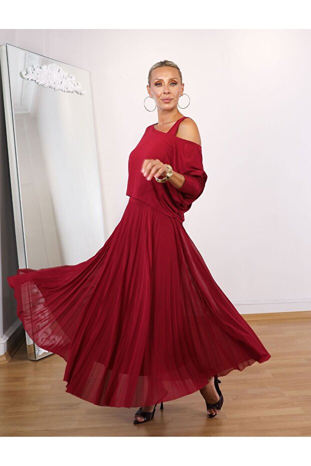 Eteği Pliseli Askılı İkili Elbise - 2