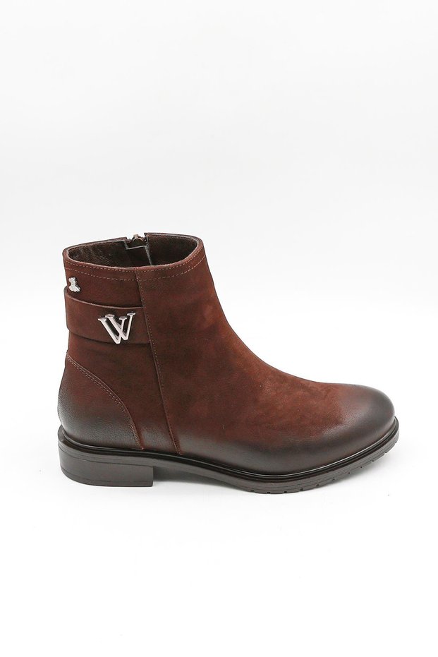Women's Genuine Leather Buckle Short Zipper Boots 20745K - Brown - 36