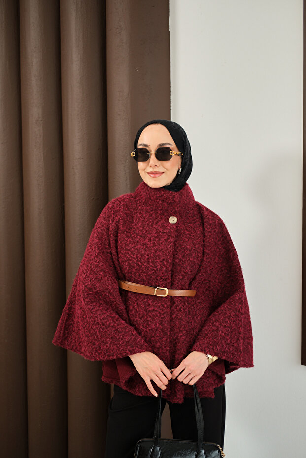 Women's Belt Detailed Poncho Burgundy