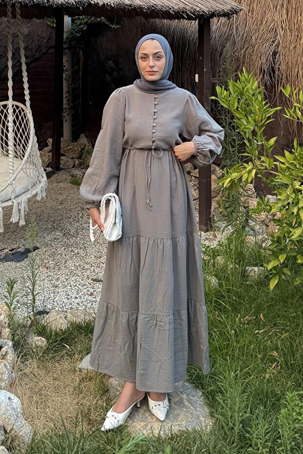 Waist Ruched Modest Dress Gray