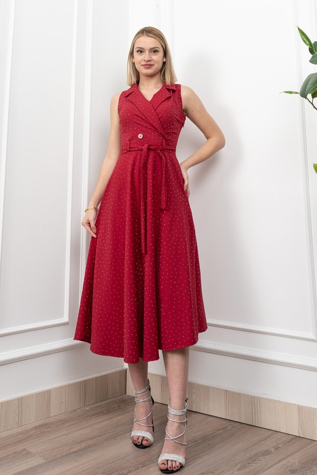 Women's Winter Burgundy Belted Collared and Detailed Long Dress Stylish Daily Comfortable 50338