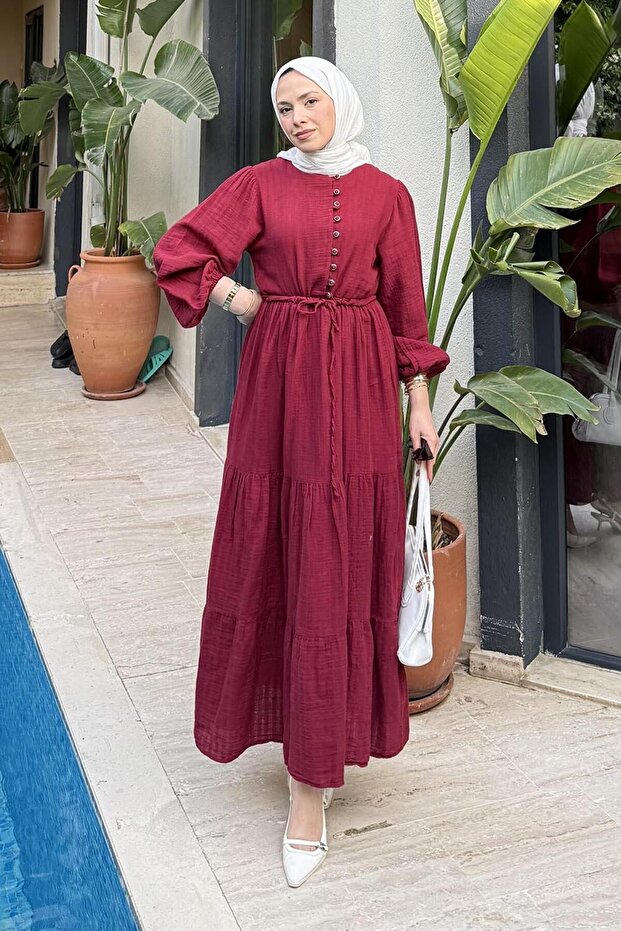 Waist Ruched Modest Dress Burgundy