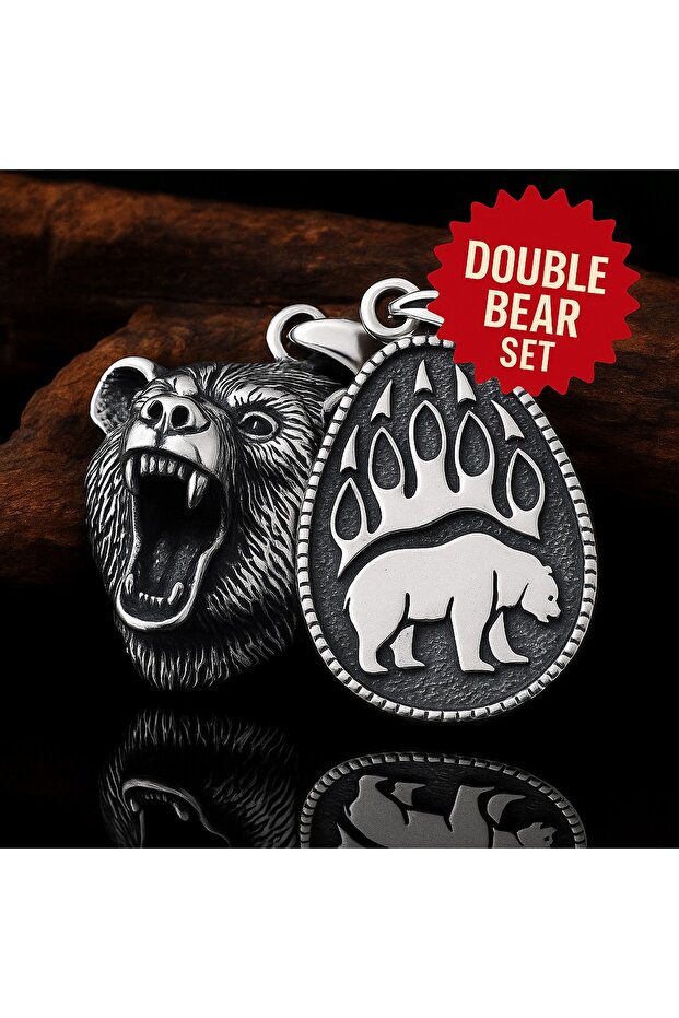 Double Bear Set – Stainless Steel Men's Necklace Set with Viking Bear Figure (Set of 2)