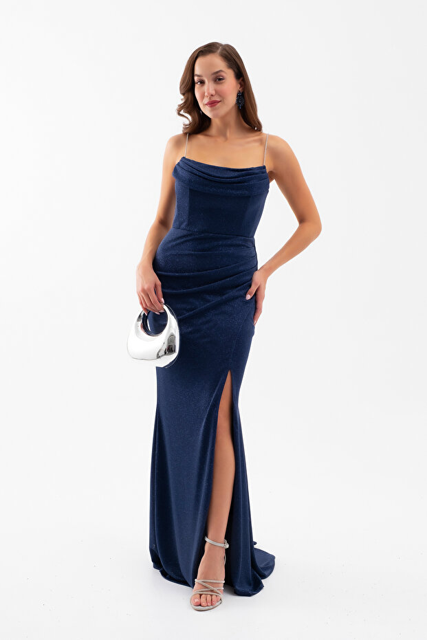 Kadın Lacivert Askılı Simli Örme Abiye Elbise - 3