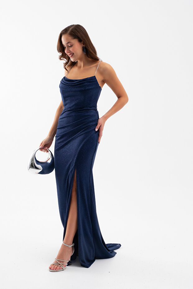 Kadın Lacivert Askılı Simli Örme Abiye Elbise - 1