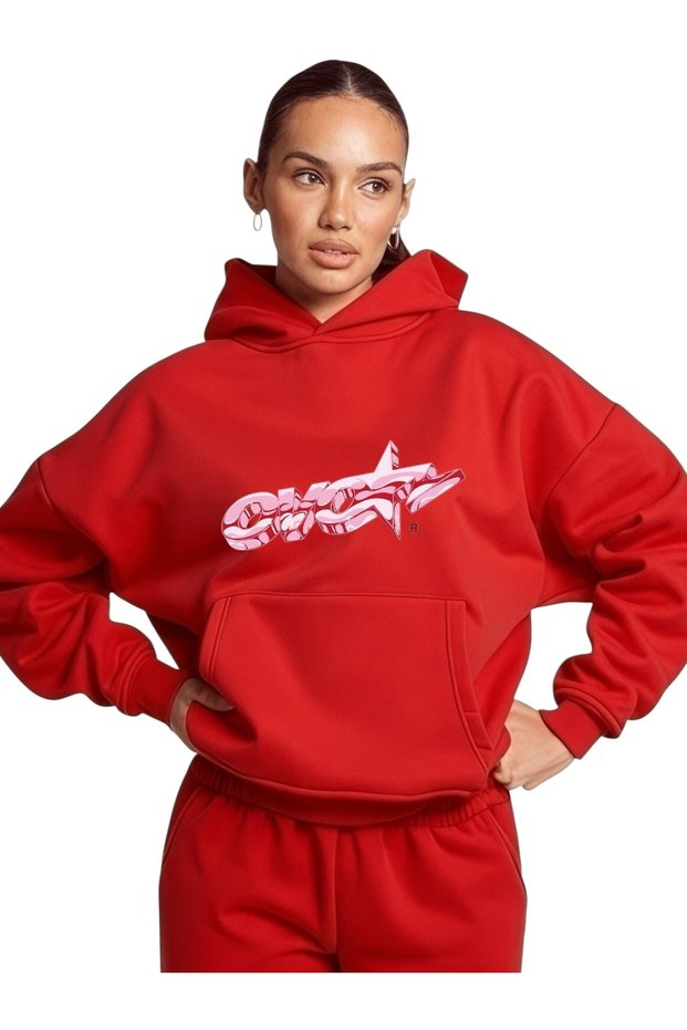 Unisex Pink Star Colorful Custom Printed Cotton Oversize Hooded Sweatshirt