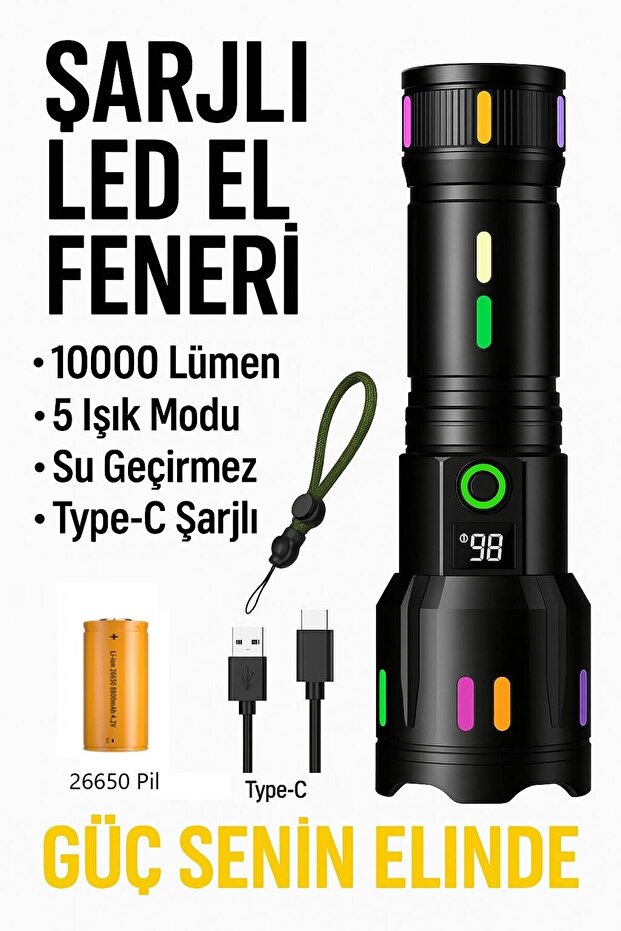 ŞARJLI 10.000 LÜMEN PROFESYONEL EL FENERİ | BEKÇİ, AVCI, KAMPÇI, EL FENERİ - 2