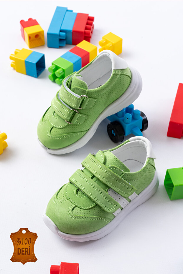 Green Genuine Leather Orthopedic Velcro Unisex First Step Baby Sneakers