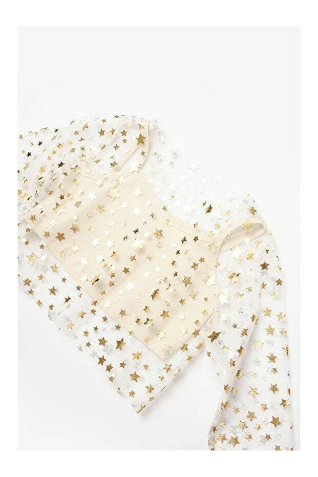 Ekru Uzun Kollu Yıldızlı Kız Çocuk Tül Crop - 2