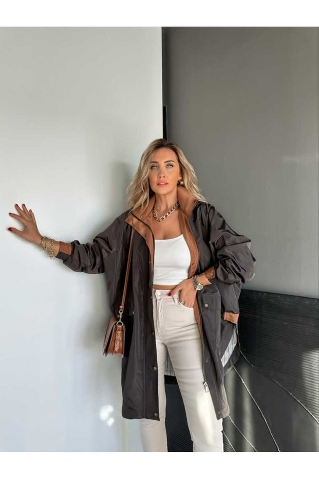 Robi̇n Women's Hooded Oversized Trench Coat with Slits on the Sides and Raglan Sleeves