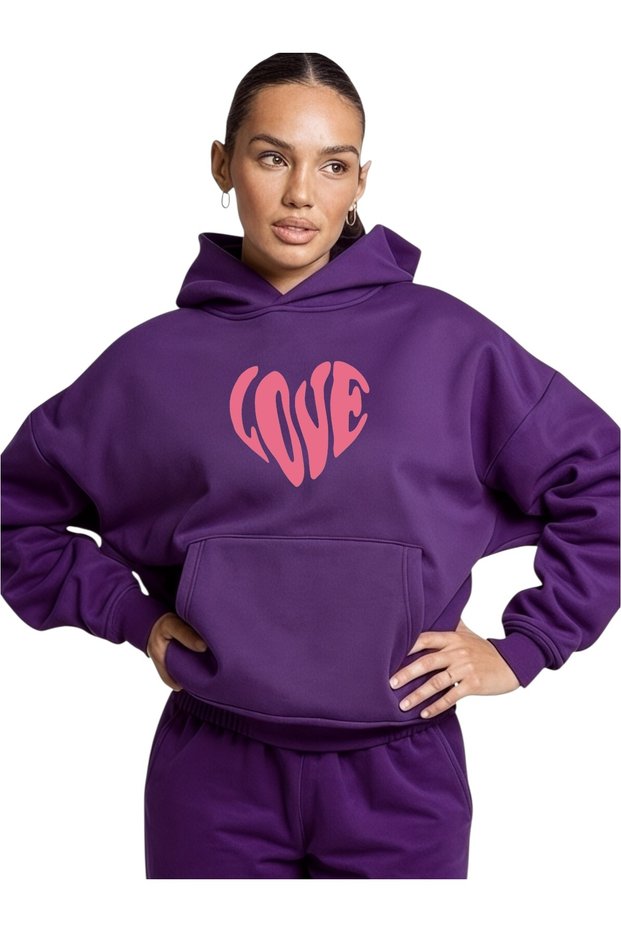 Unisex Love Heart Black Color Custom Printed Cotton Oversize Hooded Sweatshirt