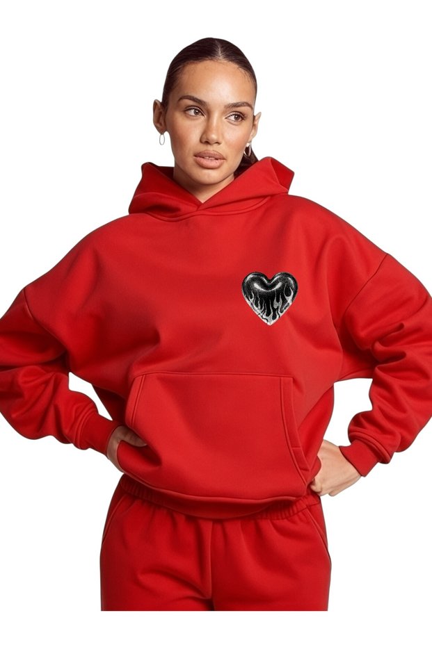 Unisex Heart Black Color Custom Printed Cotton Oversize Hooded Sweatshirt