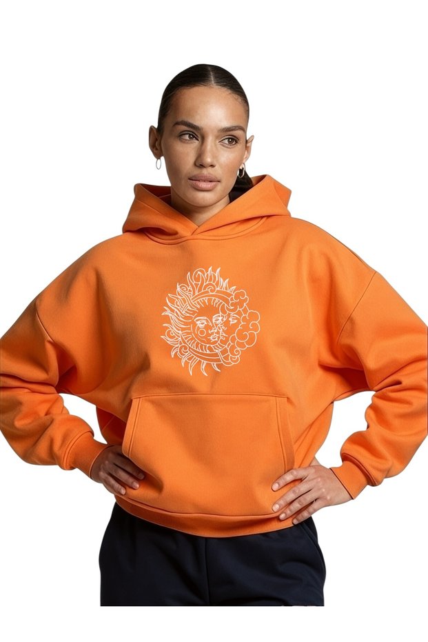 Unisex Linear Sun Moon Colorful Custom Printed Cotton Oversize Hooded Sweatshirt