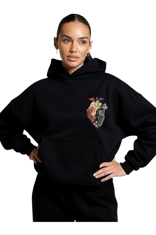 Unisex Heart Flower Colorful Custom Printed Cotton Oversize Hooded Sweatshirt