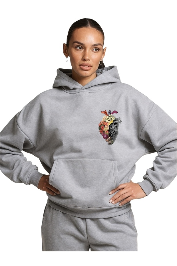 Unisex Heart Flower Colorful Custom Printed Cotton Oversize Hooded Sweatshirt