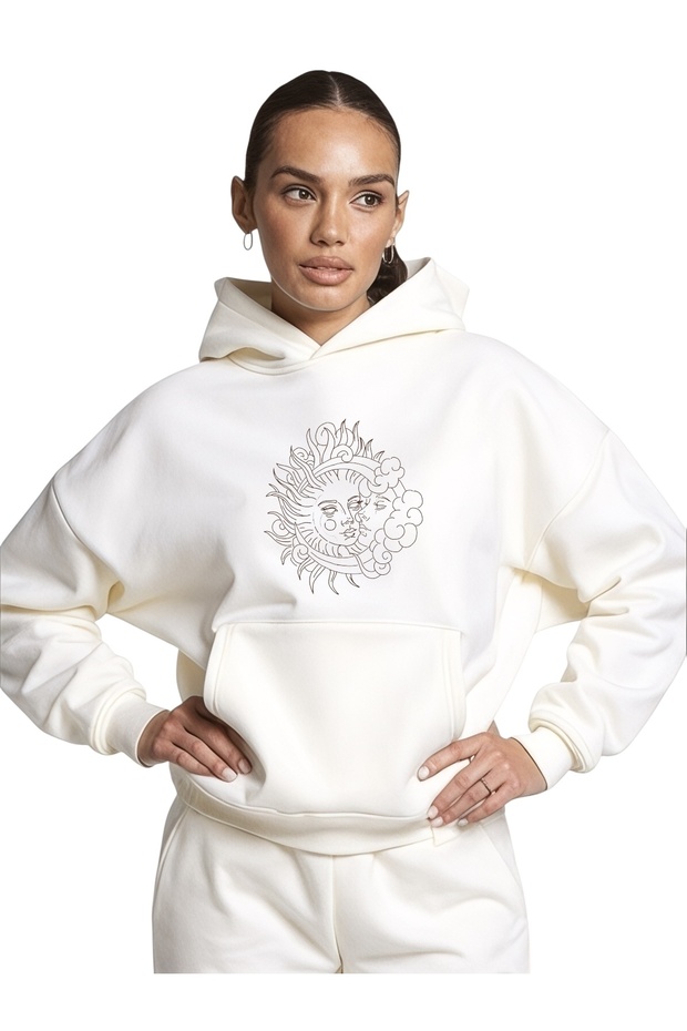 Unisex Linear Sun Moon Colorful Custom Printed Cotton Oversize Hooded Sweatshirt