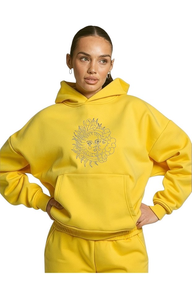 Unisex Linear Sun Moon Colorful Custom Printed Cotton Oversize Hooded Sweatshirt