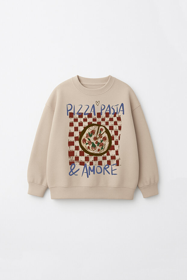 Unisex Oversize Children's Pizza Amore Printed Sweatshirt with Fleece Inside