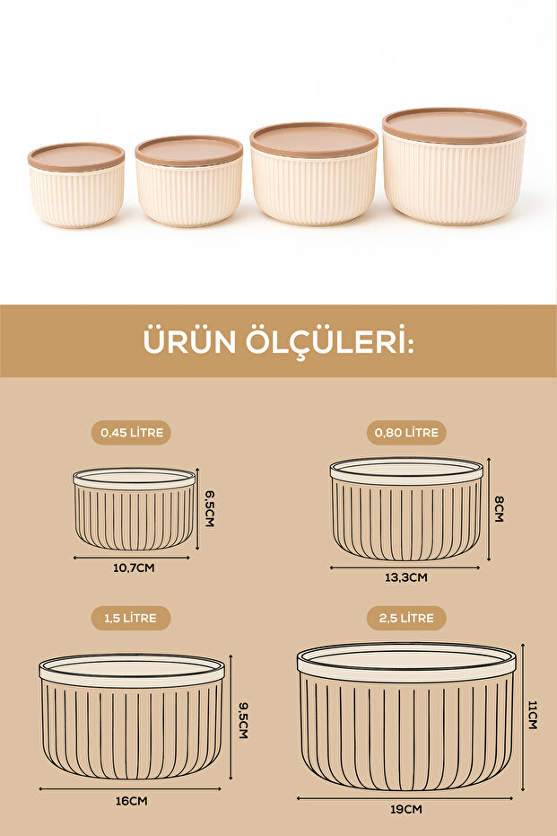 Set of 4 Striped, Round Storage Container Set / 2.5Lt.- 1.5Lt.- 0.80Lt.- 0.45Lt. - 6