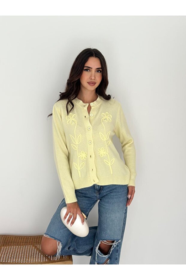 Sarı ZR Model Düğmeli Triko Hırka - 1