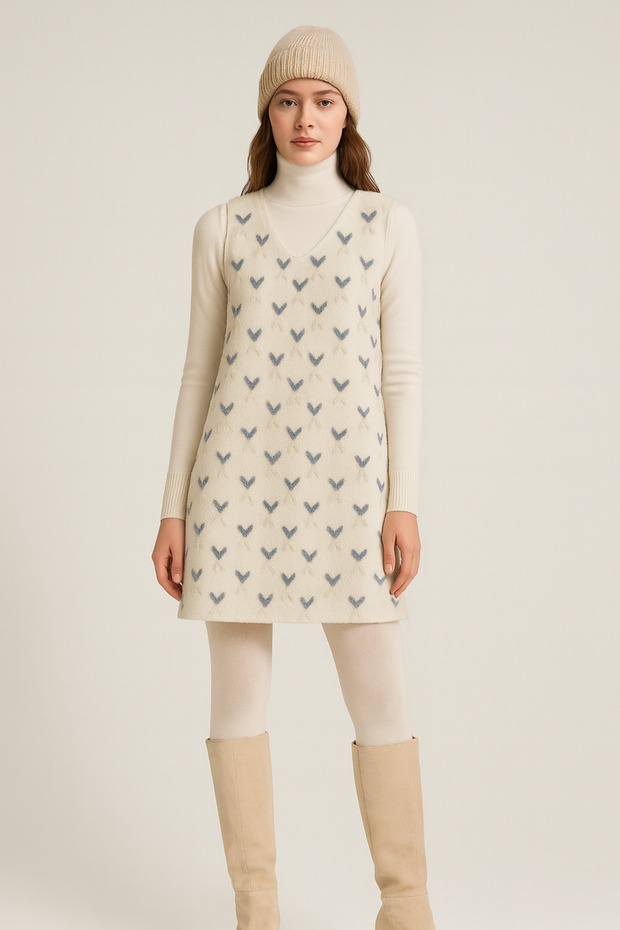 Women's Winter V-Neck Jile Dress, Heart Pattern Sleeveless Dress, V-Neck Chic Mini Model, Winter Dress