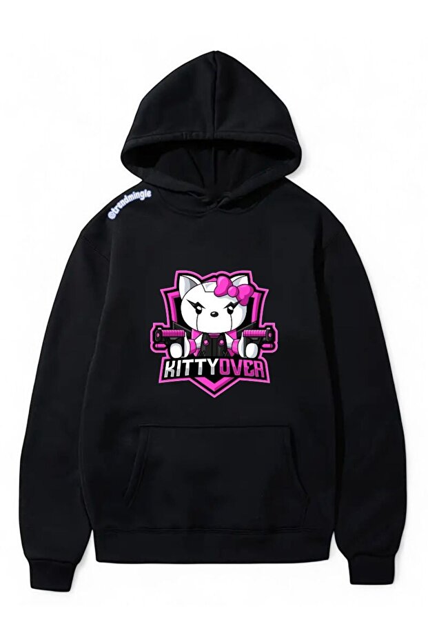Black Pink Kitty over Printed Oversize Hoodie Unisex Sweatshirt-Trendmingle