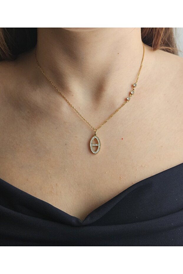 Row Single Stone Detail Gold Zircon Otranto Steel Necklace