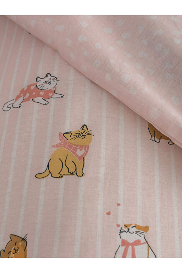 Kedi Desenli %100 Pamuk Tek Kişilik Nevresim Seti - 5