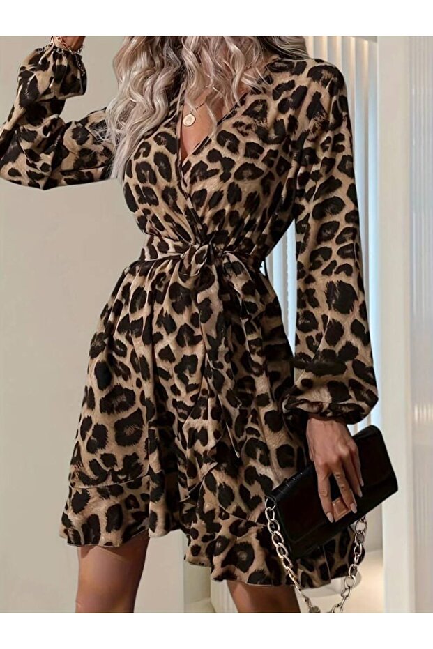 Women's Long Sleeve Double Breasted Collar Waist Belted Cross Cut Detailed Leopard Modal Mini Dress