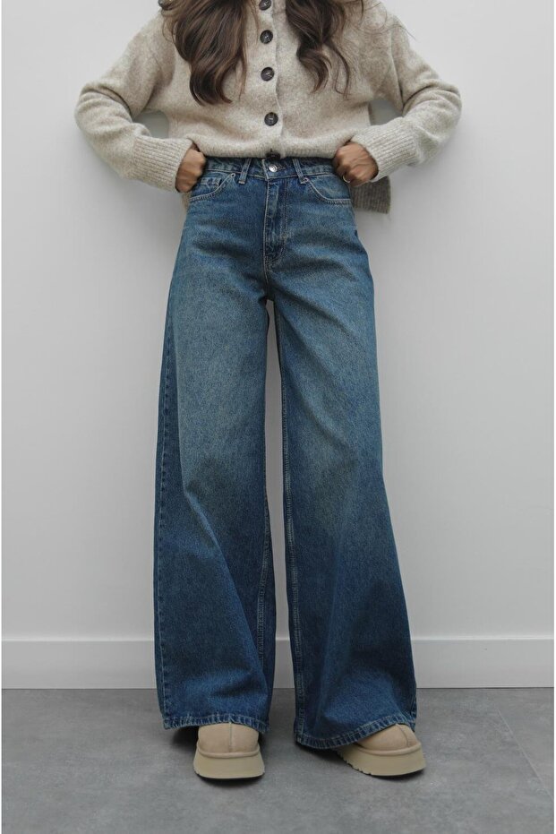 Sötétkék Mona széles szárú farmernadrág - 3