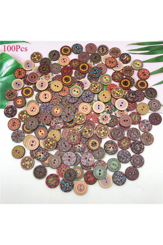 15mm 50Pcs 50/100 Round Assorted Floral Printed Wooden Decorative Buttons 2-Hole Floral Process Pain
