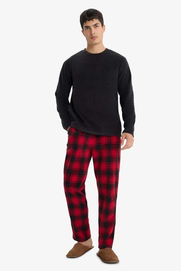 Pijama Takımı Regular Fit Polar Uzun Kollu Üst Ekose Desenli Uzun Alt F4561AX25WN - 2