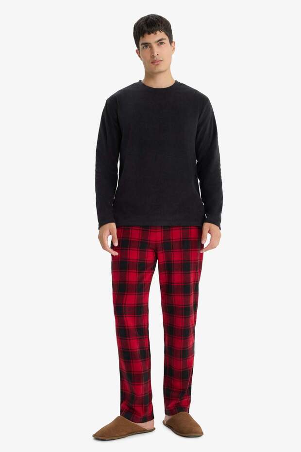 Pijama Takımı Regular Fit Polar Uzun Kollu Üst Ekose Desenli Uzun Alt F4561AX25WN - 1
