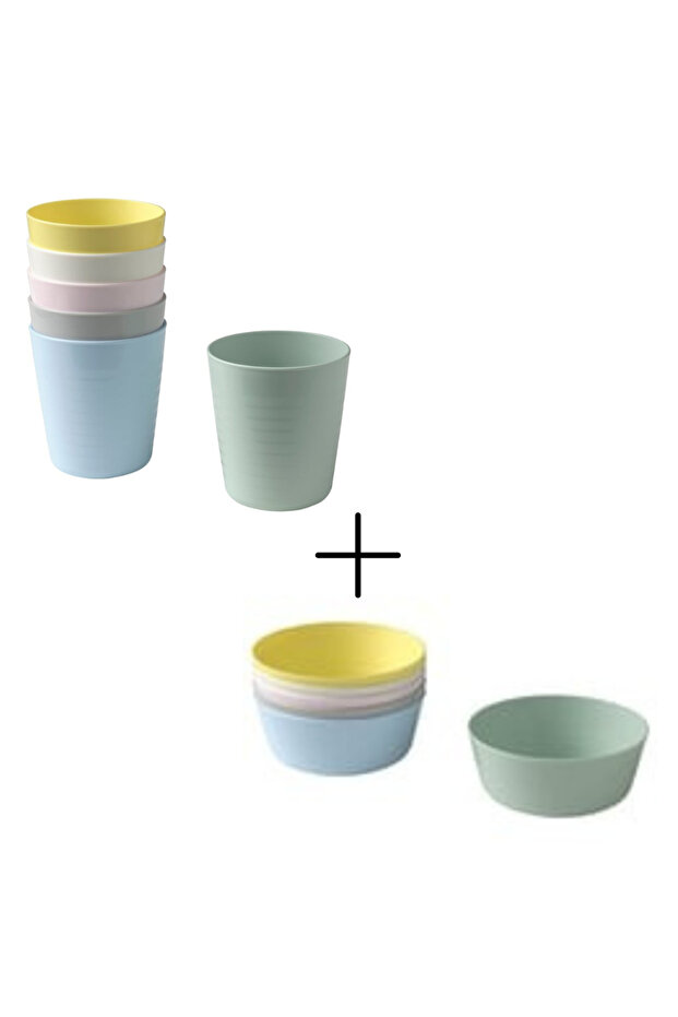 KALAS Mug and Bowl Set Mixed Colours Durable Plastic Dinnerware for Kids and Everyday. set 12