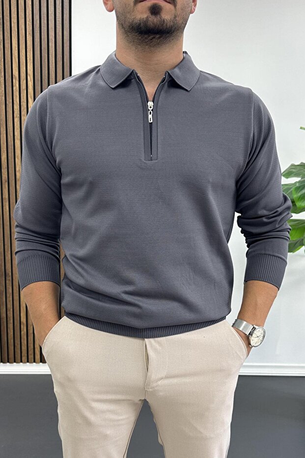 Men's Half Zipper Plain Pattern Polo Neck Sweater Anthracite Edw424