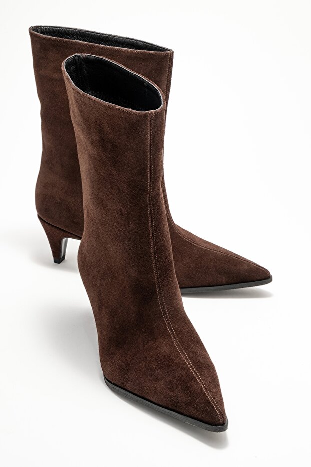 ALEO Brown Suede Genuine Leather Pointed-Toe Women's Short Heel Boots
