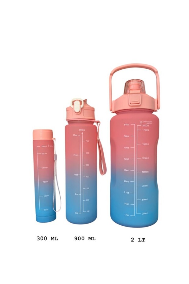 Pink, Set of 3 - Flask Set with Stickers and Straws - 2000ml, 900ml, 300ml - 5