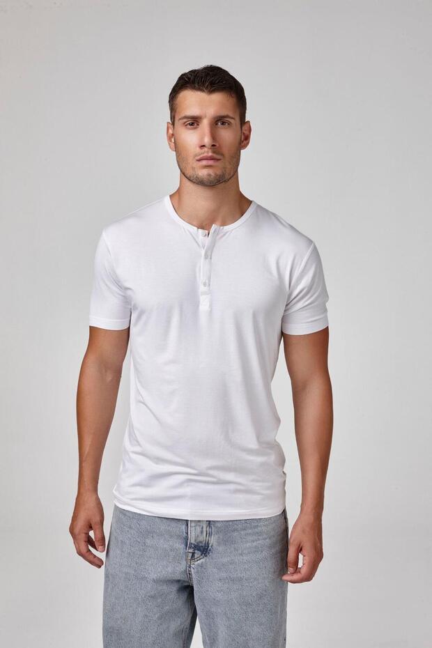 Men's White Short Sleeve Button Collar Modal Basic T-Shirt C2T2N6O1