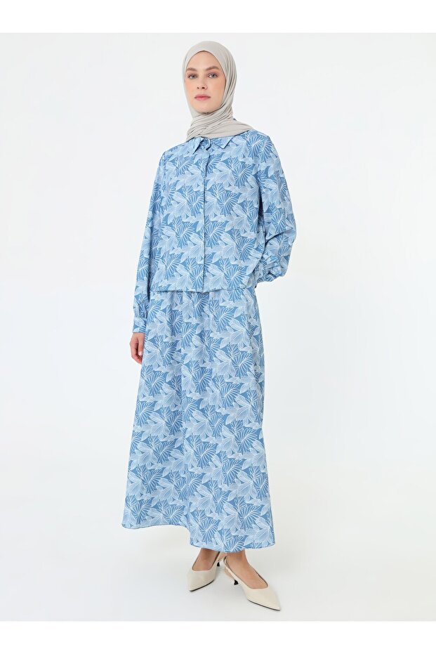 Hidden Placket Leaf Pattern Skirt Shirt Set - Blue Patterned - - 1