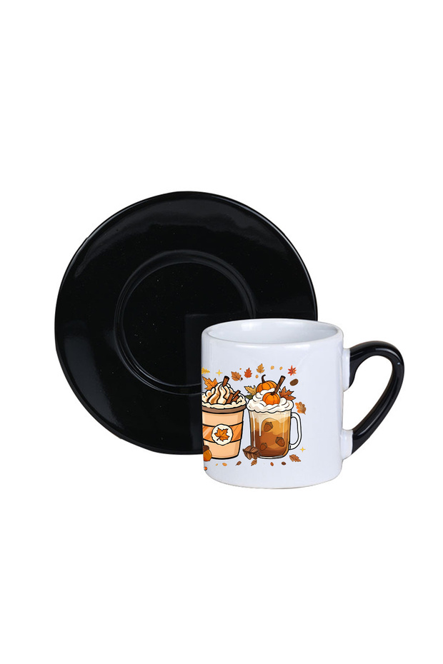 Autumn Themed Coffees No:5 Printed Gift Black Handle Single Porcelain Turkish Coffee Cup